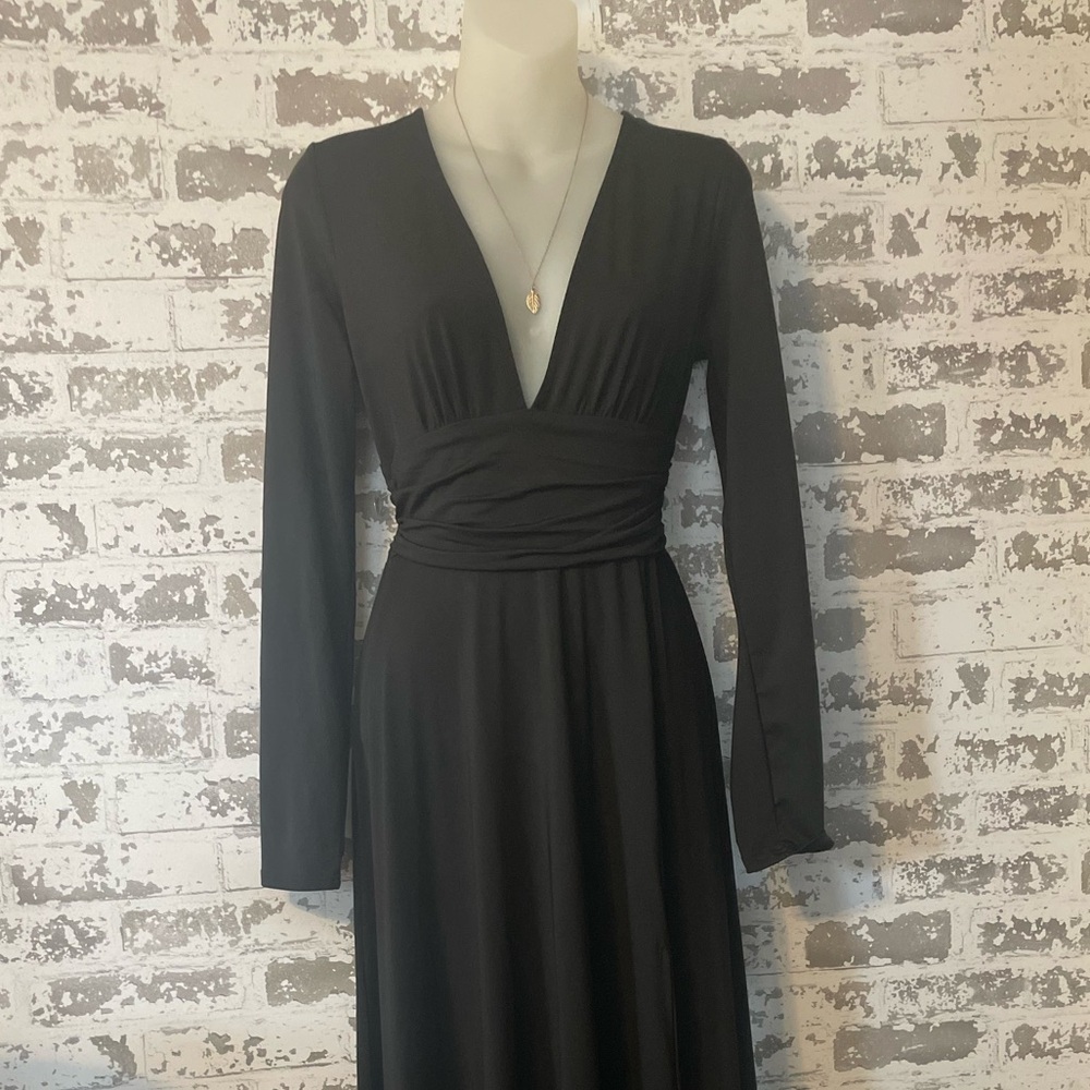 Baltic Born Black Long Sleeve Maxi Dress Empire Waist Slit M Classic Timeless - Picture 3 of 8